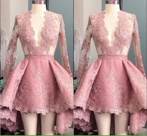 Charming Pink Cocktail Dress Cheap Asymmetrical High Low Designer V neck Illusion Long Sleeves Applique Lace Prom Evening Party Gowns 2018