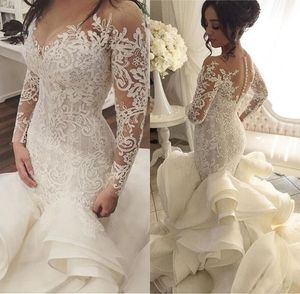 Mermaid Wedding Dresses Plus Size 2019 Fashion New Lace Long Sleeve Muslim Vestido De Noiva Romantic Appliques Ruffles Wedding Gowns
