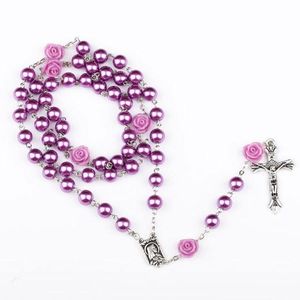 3 ألوان الكاثوليكية الوردية مادونا يسوع الصليب قلادة المعلقات اللؤلؤ الخرزة سلسلة الأزياء الإيمان مجوهرات للنساء