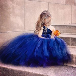 Principesse Una spalla Flower Girl Dresses Tutu Royal Blue Top Satin Tulle Abito da ballo Bambini Bambini 2018 Prom Dress Birth Birthday Girls Abiti da PageANT