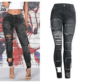 Mode kvinna coola svart tiggare elastiska smala hål jeans rumpa lyftbyxor plus storlek byxor sträcker sig