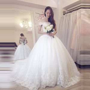 Princess Wedding Dresses from China Off Shoulder A Line Bridal Gowns Sheer Back Zipper Up Lace Appliques Tulle Wedding Gown with Train
