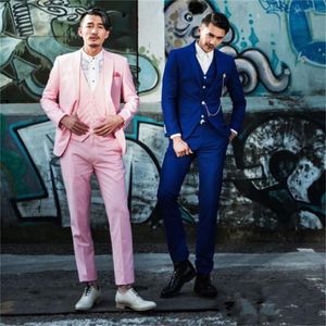 New Fashion Blue Pink Mens Suit For Wedding Groomsmen Tuxedos Best Man Three Pieces Men Suits Jacket Vest Pants