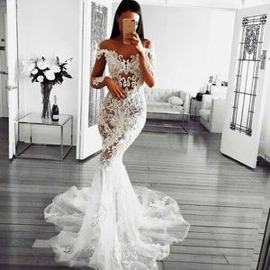 Sexy Mermaid Bridal Gowns Jewel Sheer Neck Long Illusion Sleeves Wedding Dresses With 3D Applique Lace Custom Made Wedding Gowns