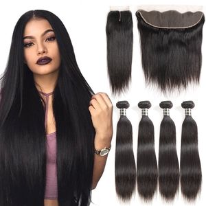 Pacote virgem reto brasileiro Remy Human Human Hair Weave 4 Com fechamento 13x4 Lace Facundles Frontal Wave Deep Body Wave Kinky Curl