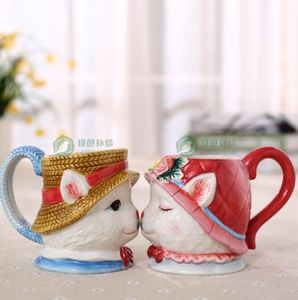 Canecas de café chá de cerâmica Maneki Neco caneca Decoração de casa sala de decoração de artesanato de porcelana Gato Sorte pássaro estatueta presentes decoração Do Casamento