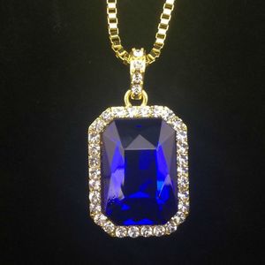 Mens Bling Faux Lab Ruby Pendant Necklace 24" Best 30" Box Chain Gold Plated Iced Out Sapphire Rock Rap Hip Hop Jewelry For Gift Necklaces