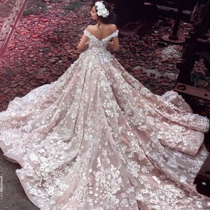 Wonderland Brautkleider mit 3D-Blumenapplikationen, Perlen, schulterfrei, ärmellos, Ballkleid, Hochzeitskleid, glamouröse saudische Prinzessin, Hochzeit Dr