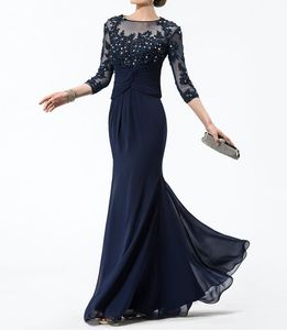 Mother Of The Bride Dresses 3/4 Sleeve Mother Dresses Chiffon Beadings Mermaid Evening Gowns Navy Prom Dresses HY1636