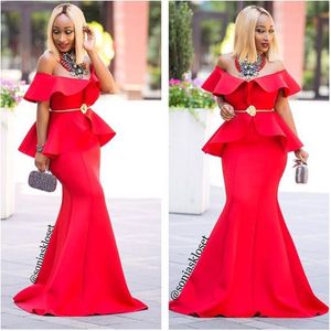 Stylish Red Mermaid Prom Dresses Golden Sash Off Shoulder Sleeveless Ruffles Floor Length Party Dress Sexy Long Evening Dress Formal Gowns