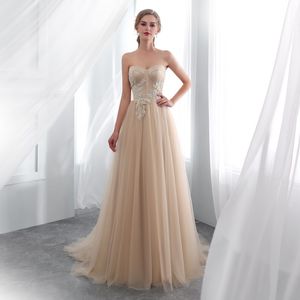 Arrive Size US2-US16 New in Stock Evening Dresses Sweetheart Tulle Prom with Applique Back Lace-up Sweep Train Formal Party Gowns Eveng Tra