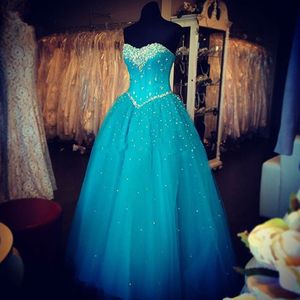 2017 Sexy Crystal Blue Ball Suknia Quinceanera Suknia z Frezowanie Cekiny Tulle Lace Up Plus Size Sweet 16 Dress Vestido Debiutante Suknie BQ107
