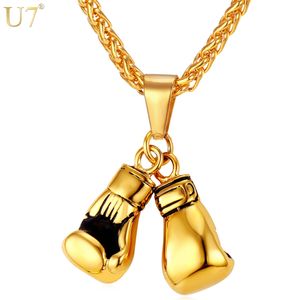 U7 Men Necklace Gold Color Stainless Steel Hip Hop Chain Pair Boxing Glove Pendant Charm Fashion Sport Fitness Jewelry Wholeslae