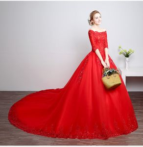 Echtes Foto Kundenspezifische luxuriöse Spitze Top Qualität Royal Train Rotes Hochzeitskleid 2018 Spitze Hochzeit Kleid Kathedrale Brautkleider