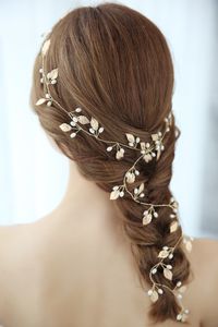 Boho Gold Leaf Braut Lange Haare Reben Hochzeit Stirnband Perlen Haarschmuck Handgemachte Frauen Prom Kopfschmuck Zubehör