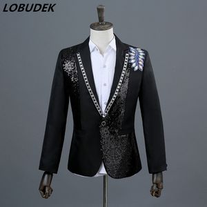 Black White Crystal Men Jacket Fashion Sequins Slim Coat Singer Host Group Chorus Stage Outfit Wedding Prom Party Master Performance Costume