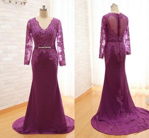 Sexy Purple V neck 2018 Mother of the Bride Groom Dresses Illusion Long Sleeves Mermaid Hollow Back Chiffon Crystals Evening Formal Dress
