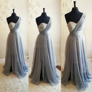 Silver Gray One Shoulder Bridesmaid Dresses Crystal Beaded Pleated Chiffon Floor Length Flowy Purple Wedding Guest Dresses Maid Of Honor