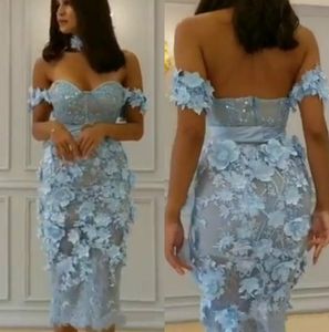 Sky Blue Tea Length Plus Size Prom Dresses Off The Shoulder Handmade Flowers Lace Dress Evening Wear