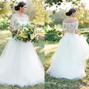 Abito da sposa in pizzo stile country vintage con spalle scoperte Abito da sposa lungo da giardino a trapezio Plus Size Vestido De noiva su misura