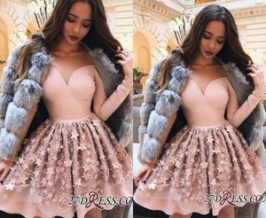 Gorgeous Long Sleeve Pink Homecoming Dress Sheer Jewel Neck Lace Appliques 2019 Short Party Dress Evening Wear Slim Fit Women Cocktail Gowns