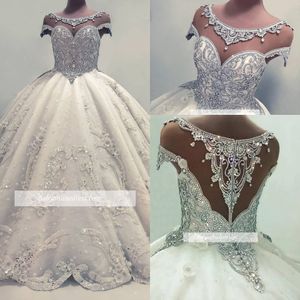 Sheer 2019 Elegancka czapka rękawy Linia Tiul Lace Applique Crystals Court Train Wedding Suknie ślubne BC0019 pplique