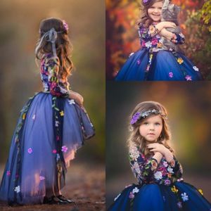 Marinha High Low Flower Girl Vestidos para Casamento 3D Flor Appliques Mangas compridas Meninas Girlent Vestidos Custom Feito Colorido Flower Girl Dress