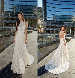 Abiti da sposa a sirena in pizzo champagne con collo gioiello Appliques in pizzo Sweep Train Boho Abiti da sposa Sexy Back Plus Size Abito da sposa country