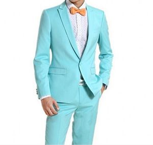 Brand New Aquamarine Men Wedding Tuxedos Excellent Groom Tuxedos Peak Lapel One Button Fashion Men Blazer 2 Piece Suit(Jacket+Pants+Tie) 347