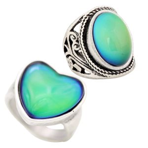 2 PCS/Set Mood Heart Glass Solitaire Ring Antique Silver Plated Color Change Rings Jewelry RS019-056