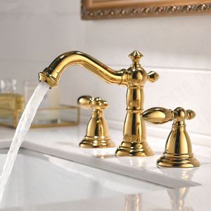 Rolya Golden Widespread Badezimmer-Wasserhahn, massive Messingkonstruktion, Doppelgriffe, 3-Loch-Waschbecken-Wasserhahn-Mischer-Set