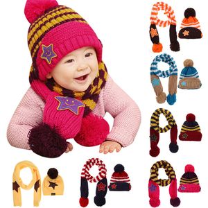 Wholesale star children resale online - Lovely New Winter Kids Hat Smile Star Print Children Skullies Beanies Scarf Hat Set for Baby Boys Girls Baby Knitted Hats Caps