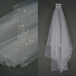 2019 bridal veils elbolow veil brautkleid brautkleid perlen rand tüll zwei schicht mit kamm billig weiß elfenbein auf Lager