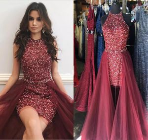 New Sparkly Maroon Red Short Evening Dresses Jewel Neck Sleeveless Crystal Beading Sheath Tulle Overskirt Cocktail Party Pageant Dresses