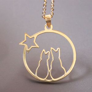 Everfast 10pc/Lot Two Cats Sittinng In Moon Star Stainless Steel Pendants Maxi Colar Simple Round Necklaces Women Girls Couple Loved Gift SN078