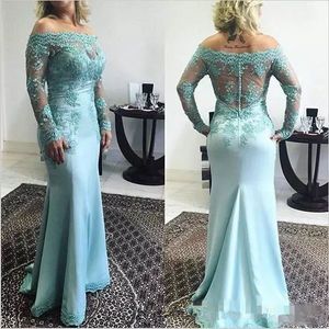 Plus Size Blue Lace Mother Of The Bride Dresses Long Sleeve Wedding Groom Suits Chiffon Off Shoulder Formal Wear Evening Party Gowns 0505