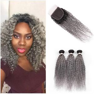 Two Tone Grey Afro Kinky Curly Lace Closure With Bundles Virgin Malaysian Human Hair Weave Bundles Kinky Curly Ombre Hair With Lace Closure
