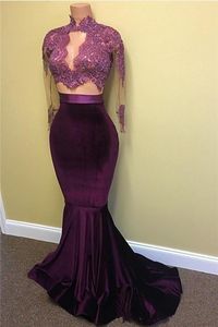 New Velvet Two Pieces Prom Dresses Mermaid Lace Appliques Beaded Sheer Long Sleeves Sweep Train Evening Party Gowns Arabic Celebrity