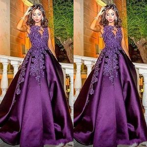 Vintage Purple 2018 Satin Abendkleider Truthahn Spitze appliziert billige Promkleider Ein Linienpartykleid