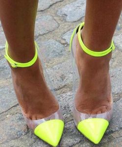 2018 Ladies Moda Neon Heel Heel Przezroczyste PCV Patchwork Kobiety Klamry Kostki Pompy Sexy Party Shoes Kobieta Spring Dress But
