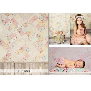 Sfondo fotografico neonato Pizzo bianco stampato floreale Fotografia Carta da parati Vinile Baby Shower Puntelli Ragazza Sfondo Pavimento in legno
