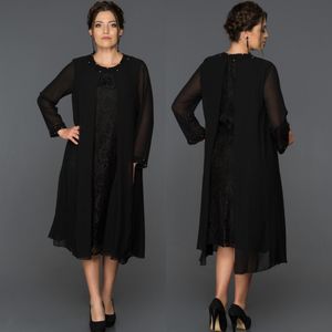 Black Elegant Lace Mother Of The Bride Dresses Beaded Jewel Neck Plus Size Wedding Guest Dress Long Sleeves Tea Length Evening Gowns