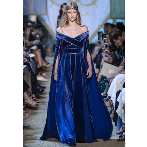 Elie Saab Veet Vestidos de baile de miçangas fora do ombro Mangas compridas Vestidos de noite Vestidos de trem de Fiesta de Fiesta Royal Blue Formal 407