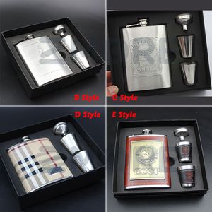8oz Stainless Steel Leather Hip Flask Set Whiskey Flask Drink Mug with Box PU Leather Flagon With 1 Funnel 2 Cups