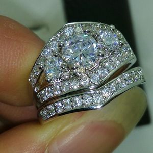 Three stone Women ring set Diamonique Cz White gold filled Engagement wedding band ring for women men Size