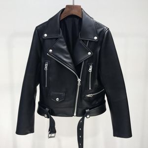 Ailegogo 2018 New Autumn Women Pu Leather Jacket Woman Zipper Belt Short Coat Female Motorcycle Black Faux Leather Outwear