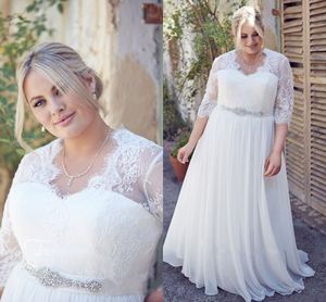 Vintage V neck Lace Wedding Dress Half Sleeves Illusion Crystal Beading Sequins Sash Chiffon Plus size Wedding Bridal Gowns New