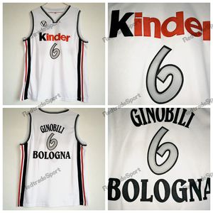 Mi08 Mens Manu Ginobili Jersey # 6 Virtus Kinder Bologna Maglie da basket europee cucite bianche Camiseta De Baloncesto Camicie S-XXL