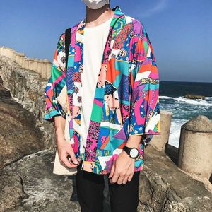 Japon Kimono Ceket Erkekler Baskılı Hırka Yaz Rahat erkek Ceketler Hip Hop Streetwear Renk Bloğu Erkek Mont Giyim