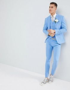 Smoking da sposo in tre pezzi blu chiaro nuovo di zecca Risvolto con risvolto a due bottoni Giacca da uomo da uomo Business formale da ballo Giacca Pantaloni Cravatta Ve245s